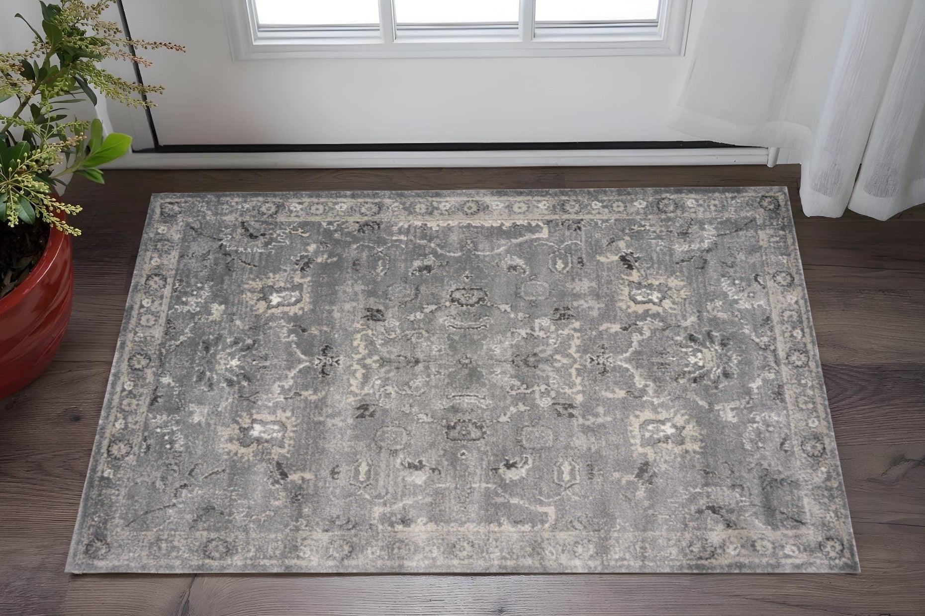 5' X 8' Gray And Light Gray Floral Medallion Area Rug-Area Rugs-DECOROLALA