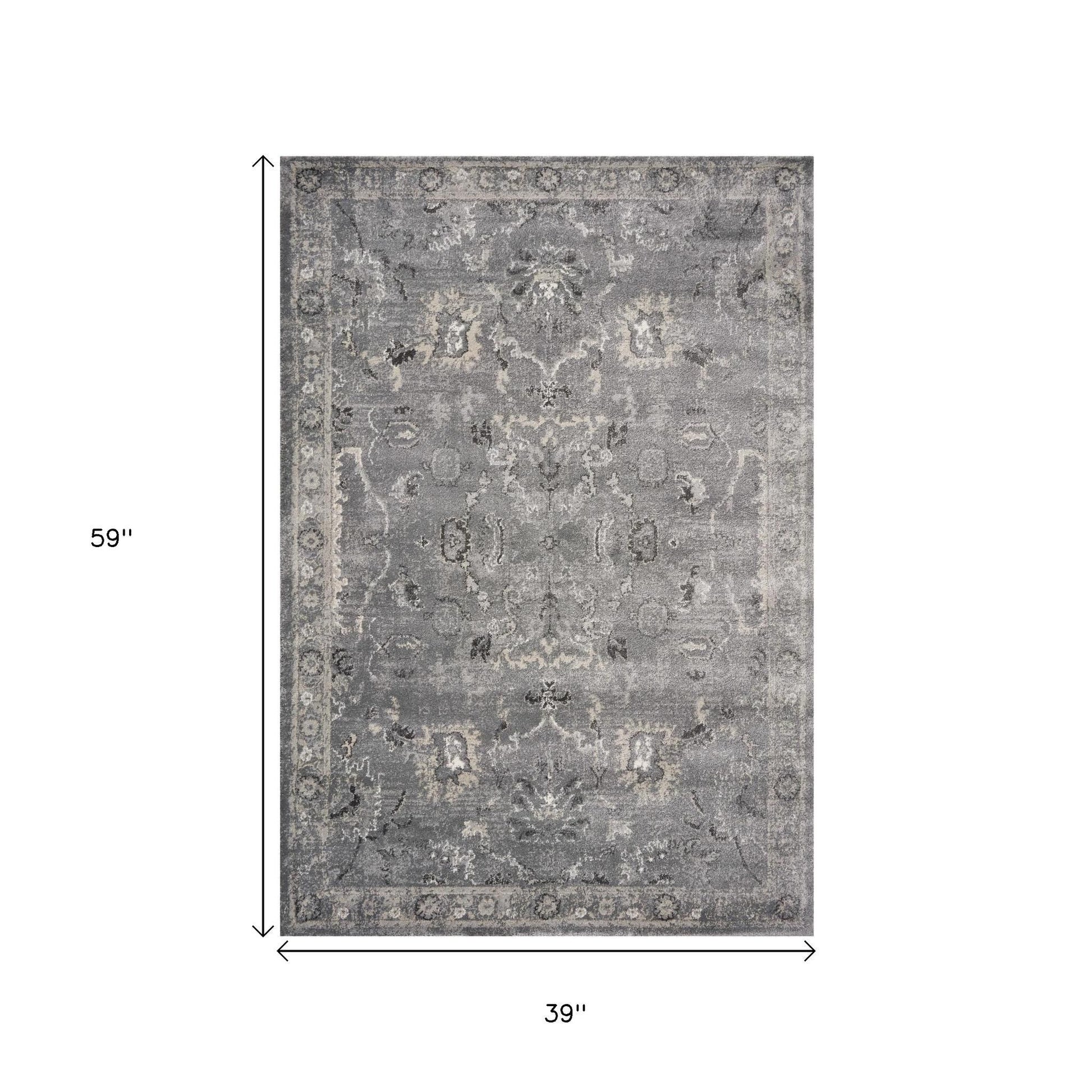 5' X 8' Gray And Light Gray Floral Medallion Area Rug-Area Rugs-DECOROLALA