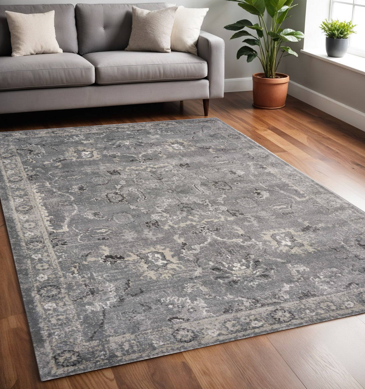 5' X 8' Gray And Light Gray Floral Medallion Area Rug-Area Rugs-DECOROLALA