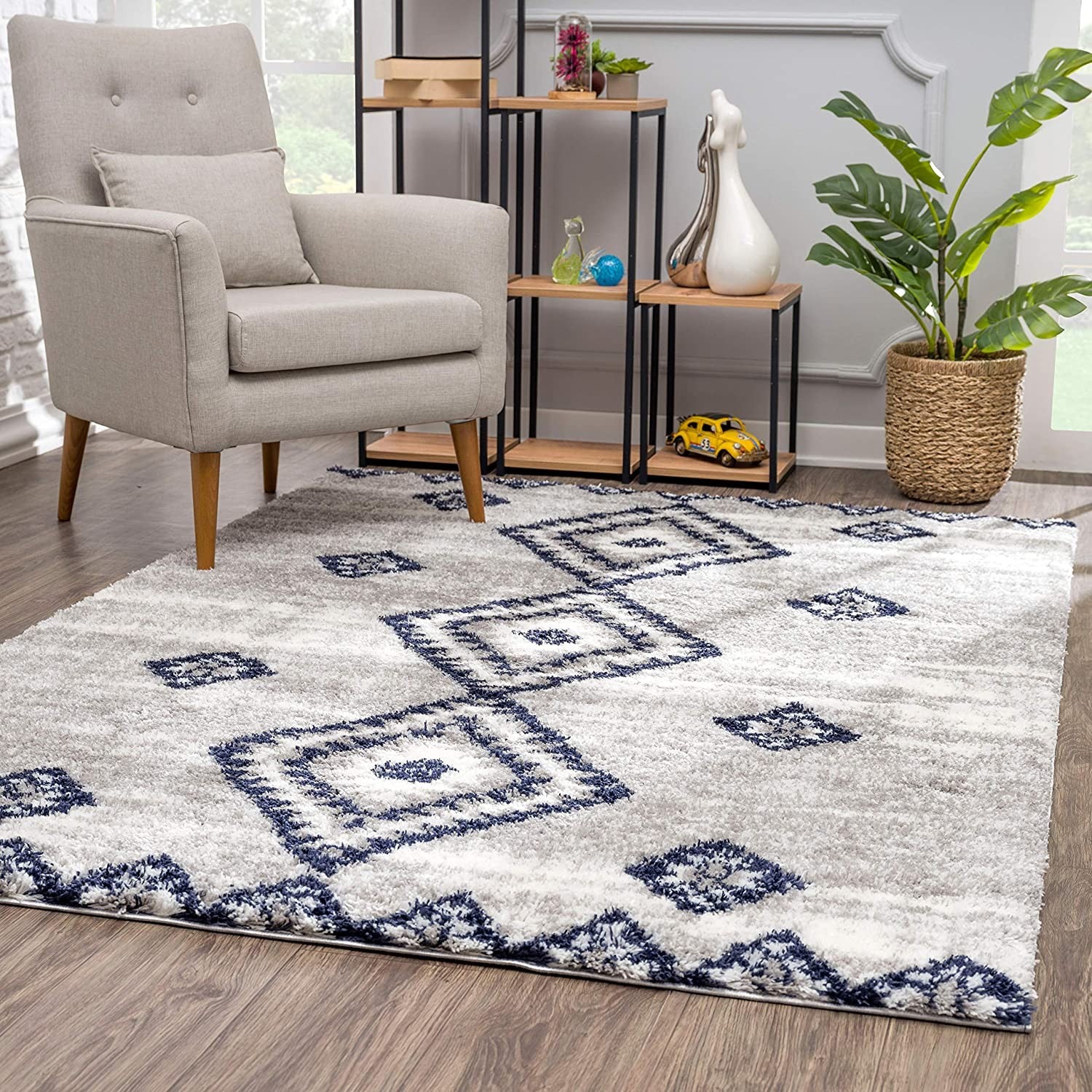 5' X 8' Gray And Navy Boho Chic Area Rug-Area Rugs-DECOROLALA