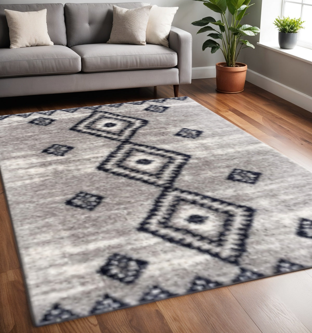 5' X 8' Gray And Navy Boho Chic Area Rug-Area Rugs-DECOROLALA