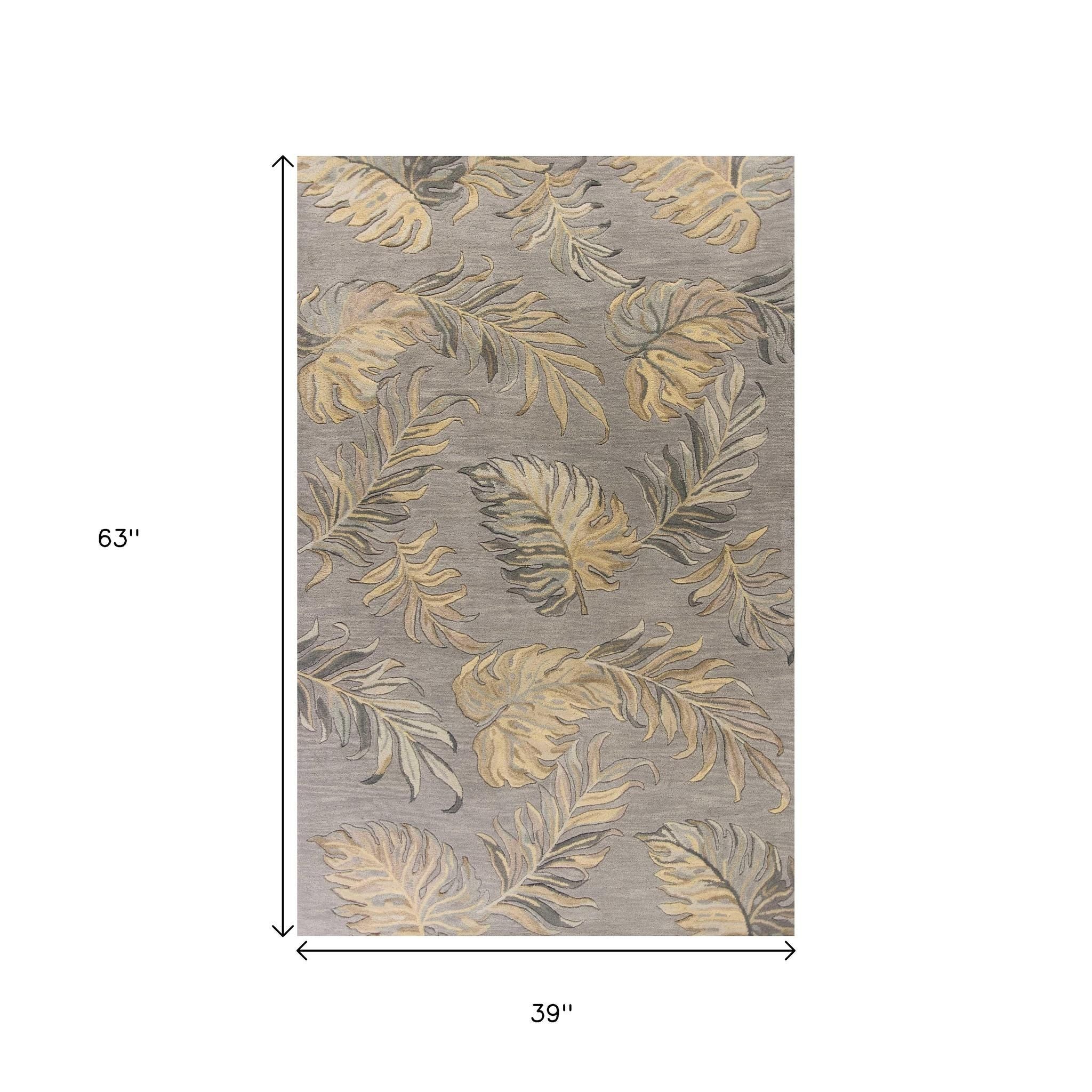5' X 8' Gray And Taupe Wool Botanical Leaves Hand Tufted Area Rug-Area Rugs-DECOROLALA