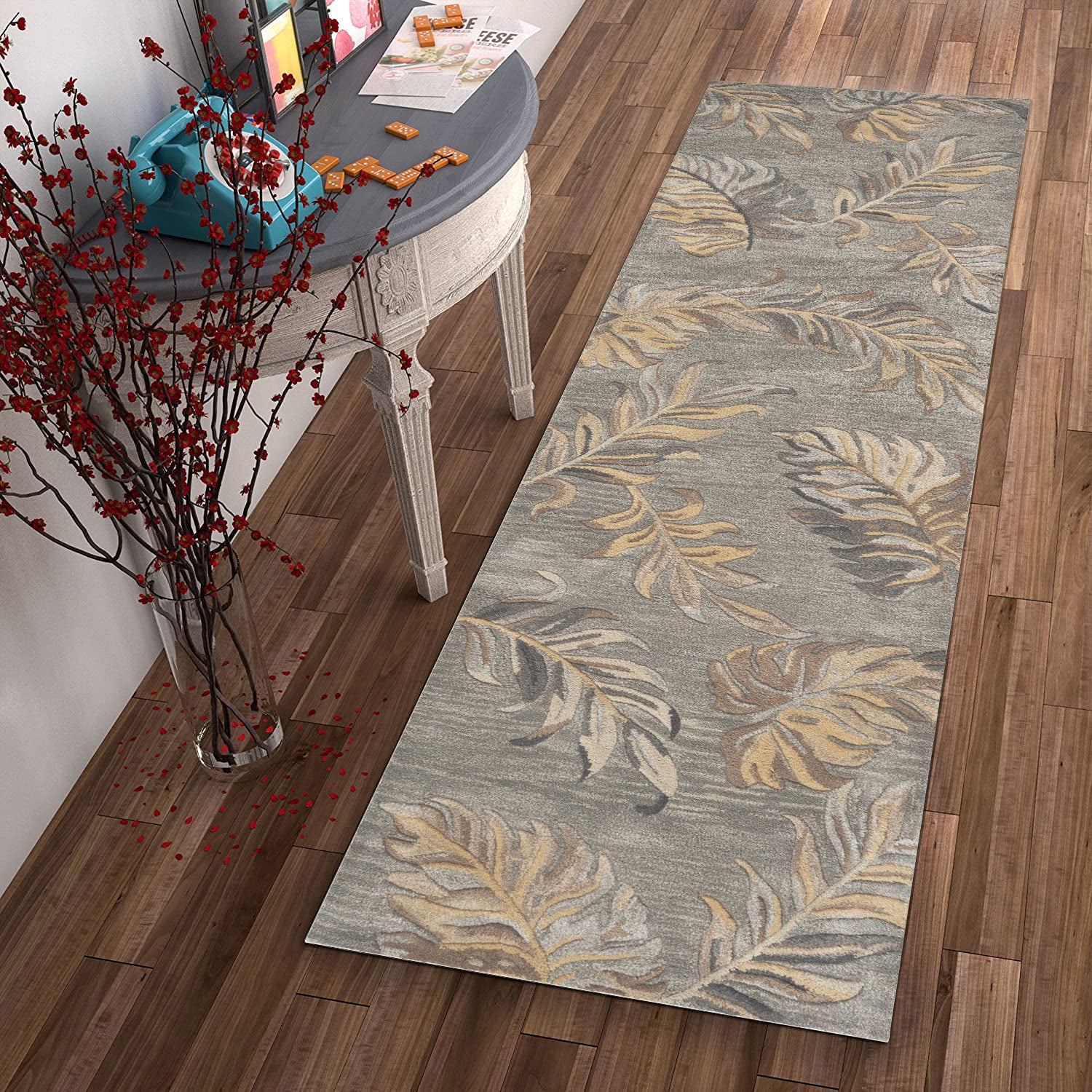 5' X 8' Gray And Taupe Wool Botanical Leaves Hand Tufted Area Rug-Area Rugs-DECOROLALA