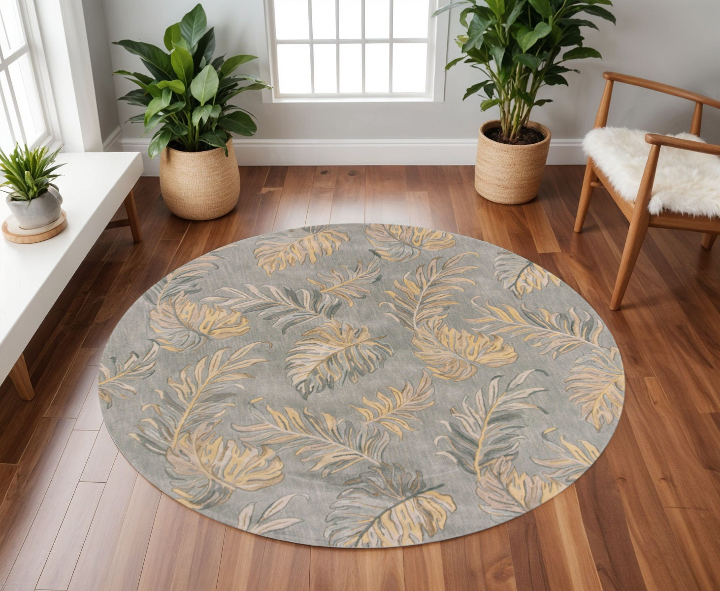 5' X 8' Gray And Taupe Wool Botanical Leaves Hand Tufted Area Rug-Area Rugs-DECOROLALA