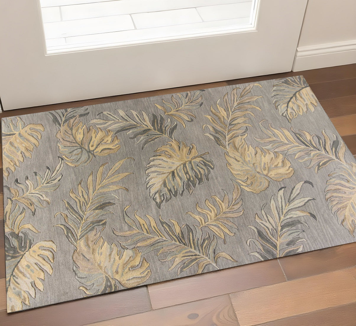 5' X 8' Gray And Taupe Wool Botanical Leaves Hand Tufted Area Rug-Area Rugs-DECOROLALA
