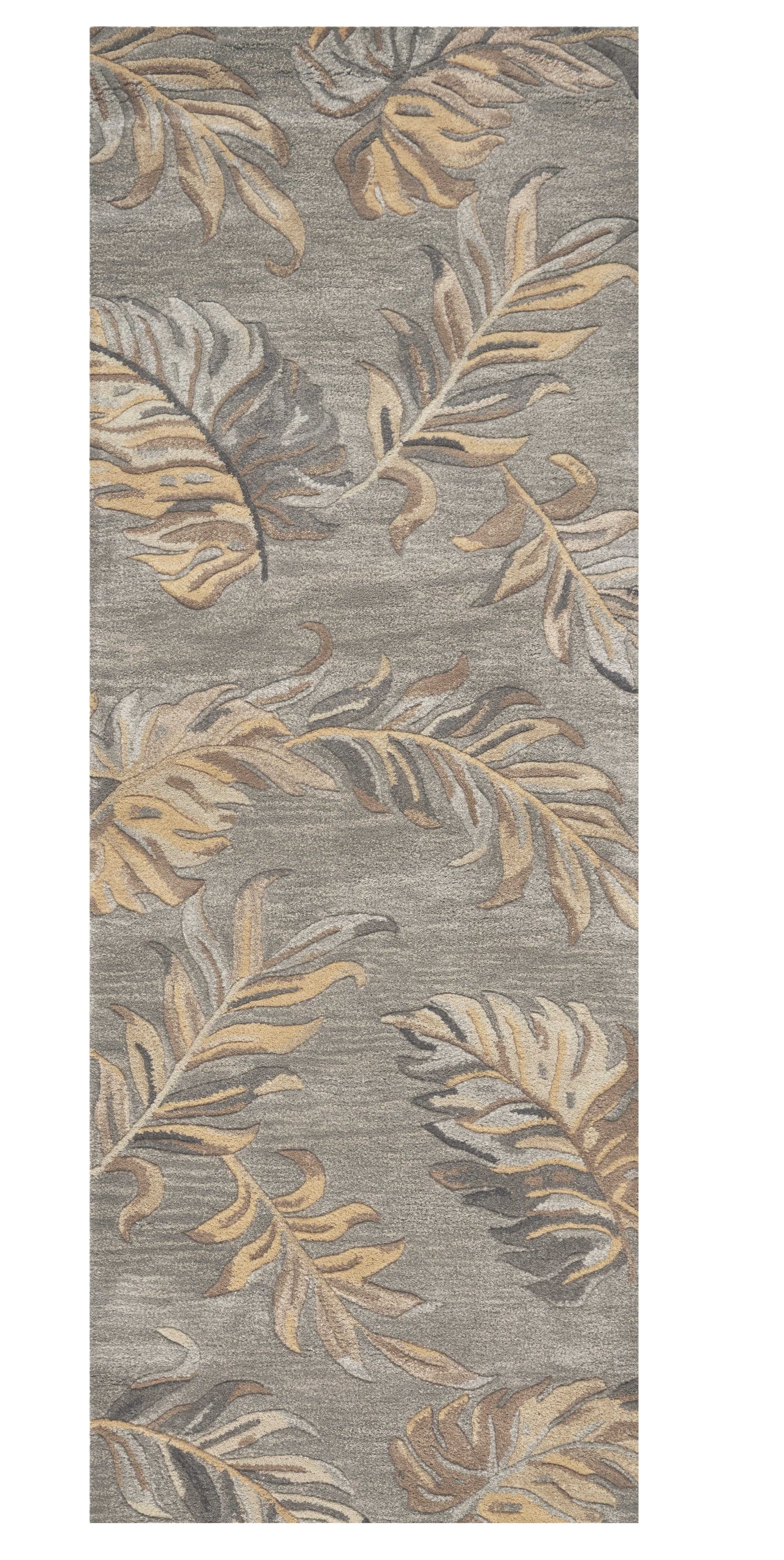5' X 8' Gray And Taupe Wool Botanical Leaves Hand Tufted Area Rug-Area Rugs-DECOROLALA