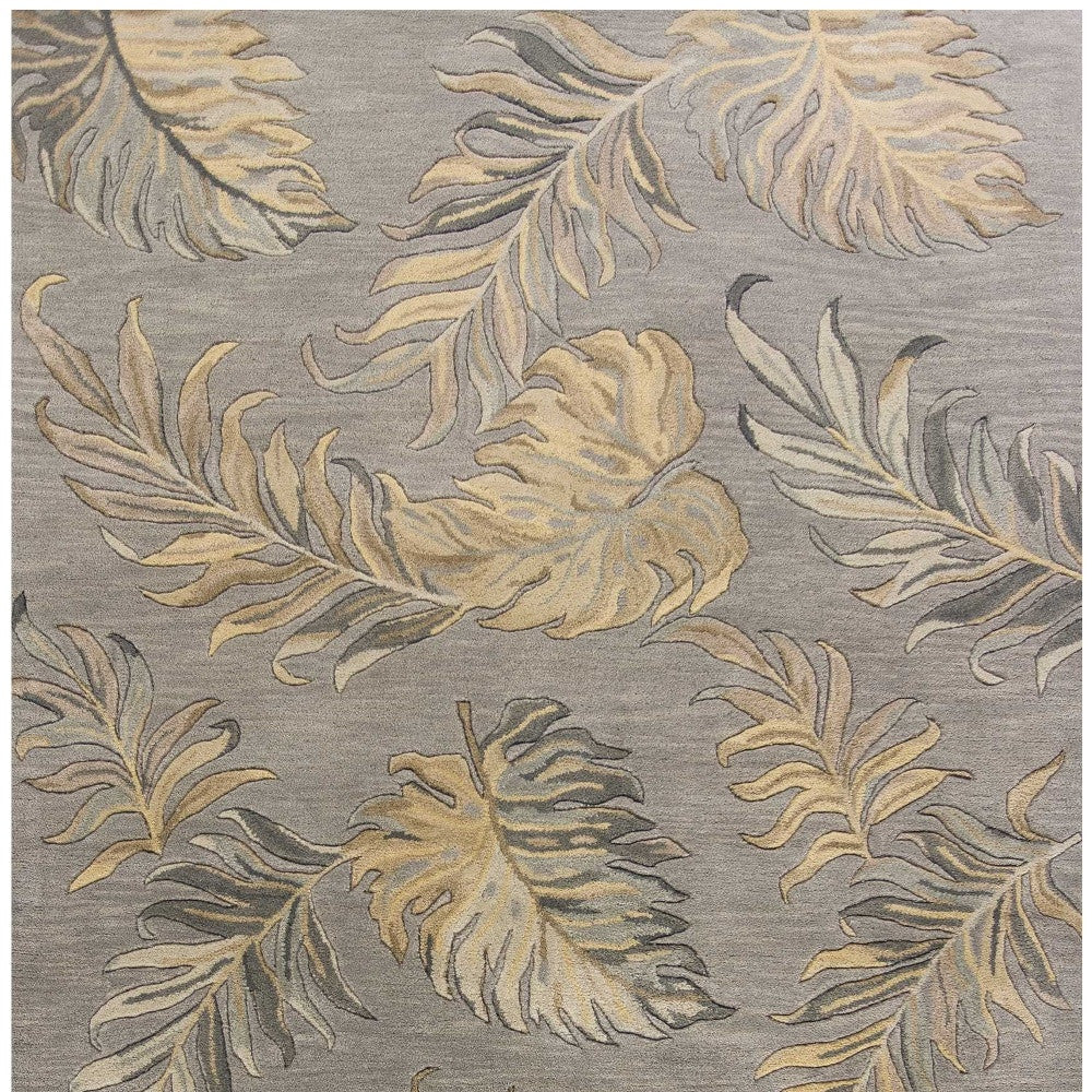 5' X 8' Gray And Taupe Wool Botanical Leaves Hand Tufted Area Rug-Area Rugs-DECOROLALA