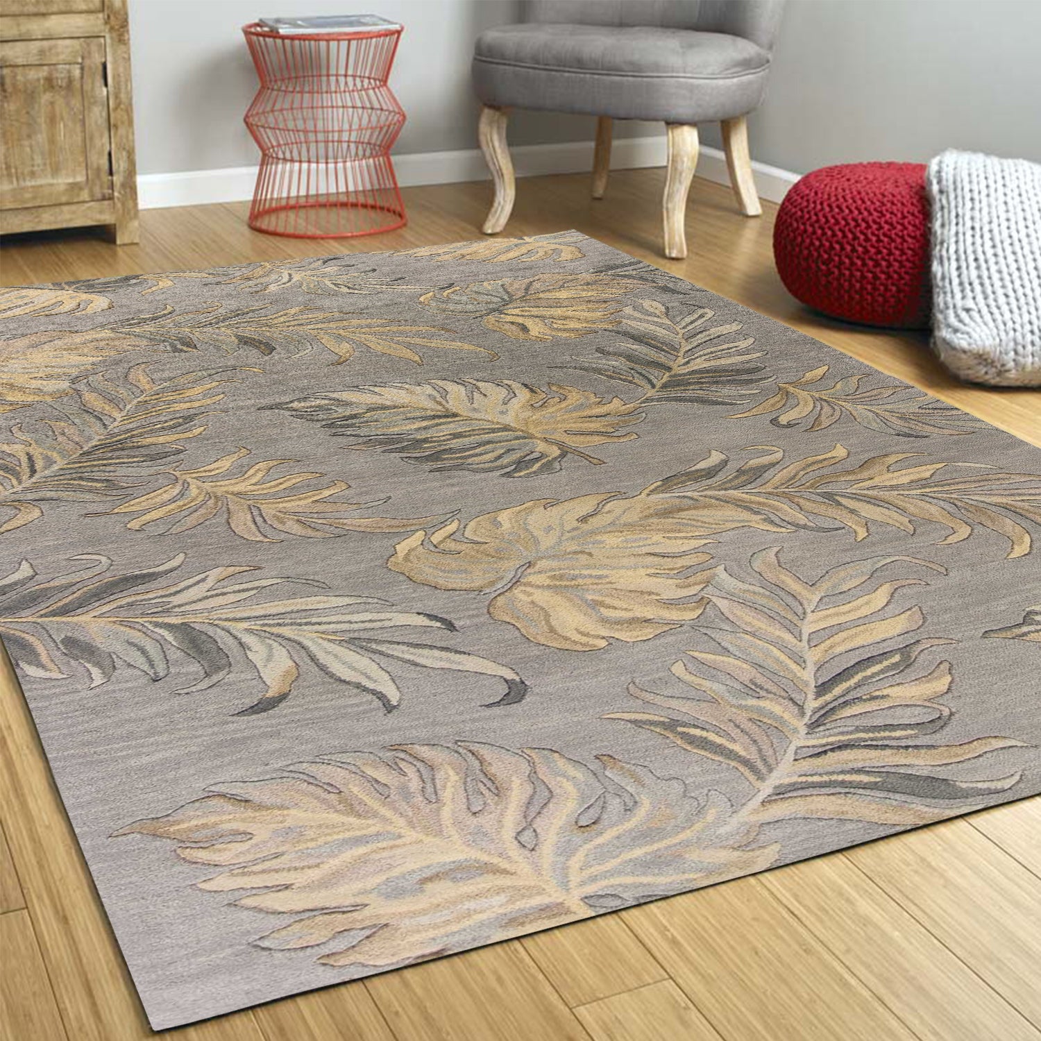 5' X 8' Gray And Taupe Wool Botanical Leaves Hand Tufted Area Rug-Area Rugs-DECOROLALA