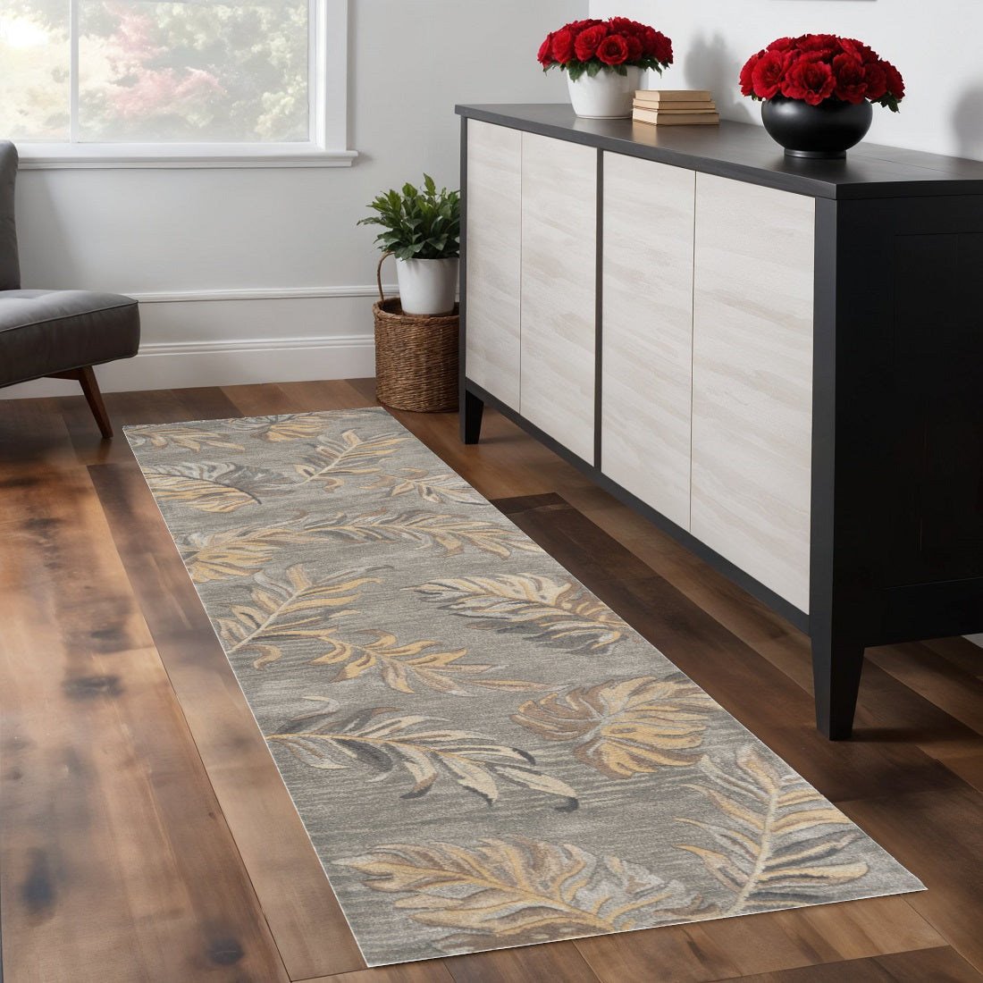 5' X 8' Gray And Taupe Wool Botanical Leaves Hand Tufted Area Rug-Area Rugs-DECOROLALA