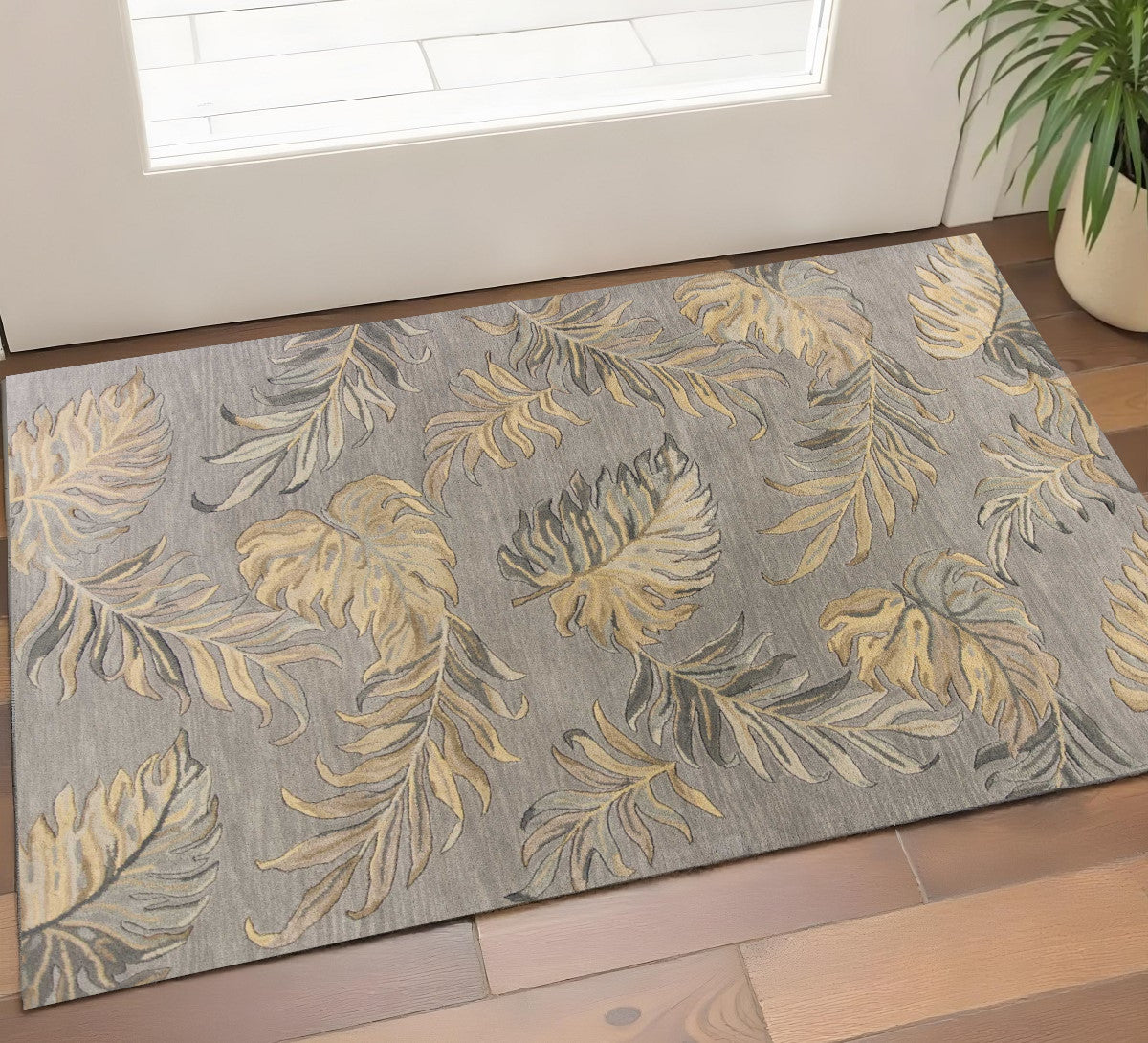 5' X 8' Gray And Taupe Wool Botanical Leaves Hand Tufted Area Rug-Area Rugs-DECOROLALA
