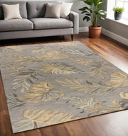 5' X 8' Gray And Taupe Wool Botanical Leaves Hand Tufted Area Rug-Area Rugs-DECOROLALA