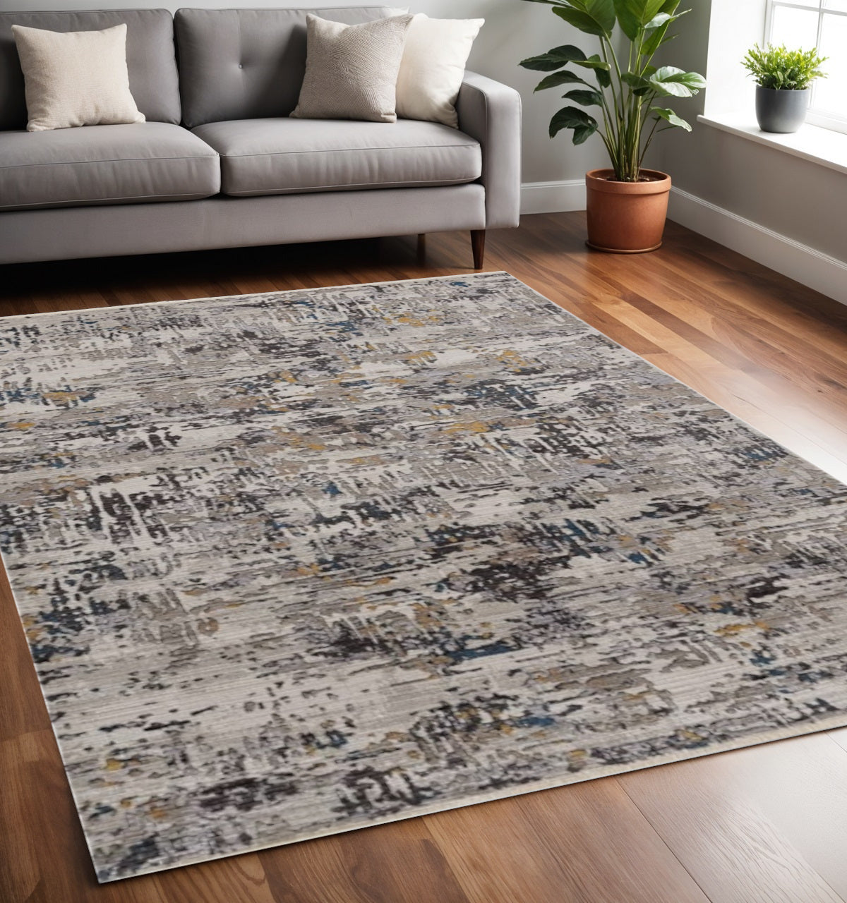5' X 8' Gray Black And Gold Abstract Distressed Area Rug-Area Rugs-DECOROLALA