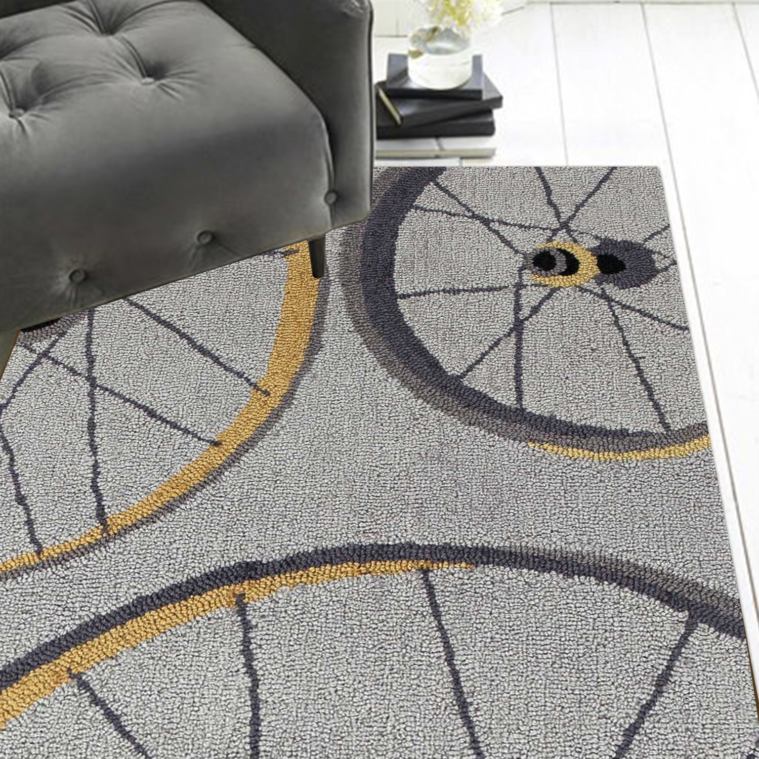 5' X 8' Gray Black And Yellow Abstract Geometric Hand Hooked Area Rug-Area Rugs-DECOROLALA