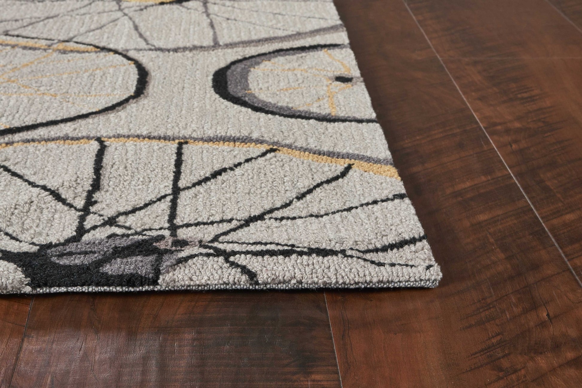 5' X 8' Gray Black And Yellow Abstract Geometric Hand Hooked Area Rug-Area Rugs-DECOROLALA