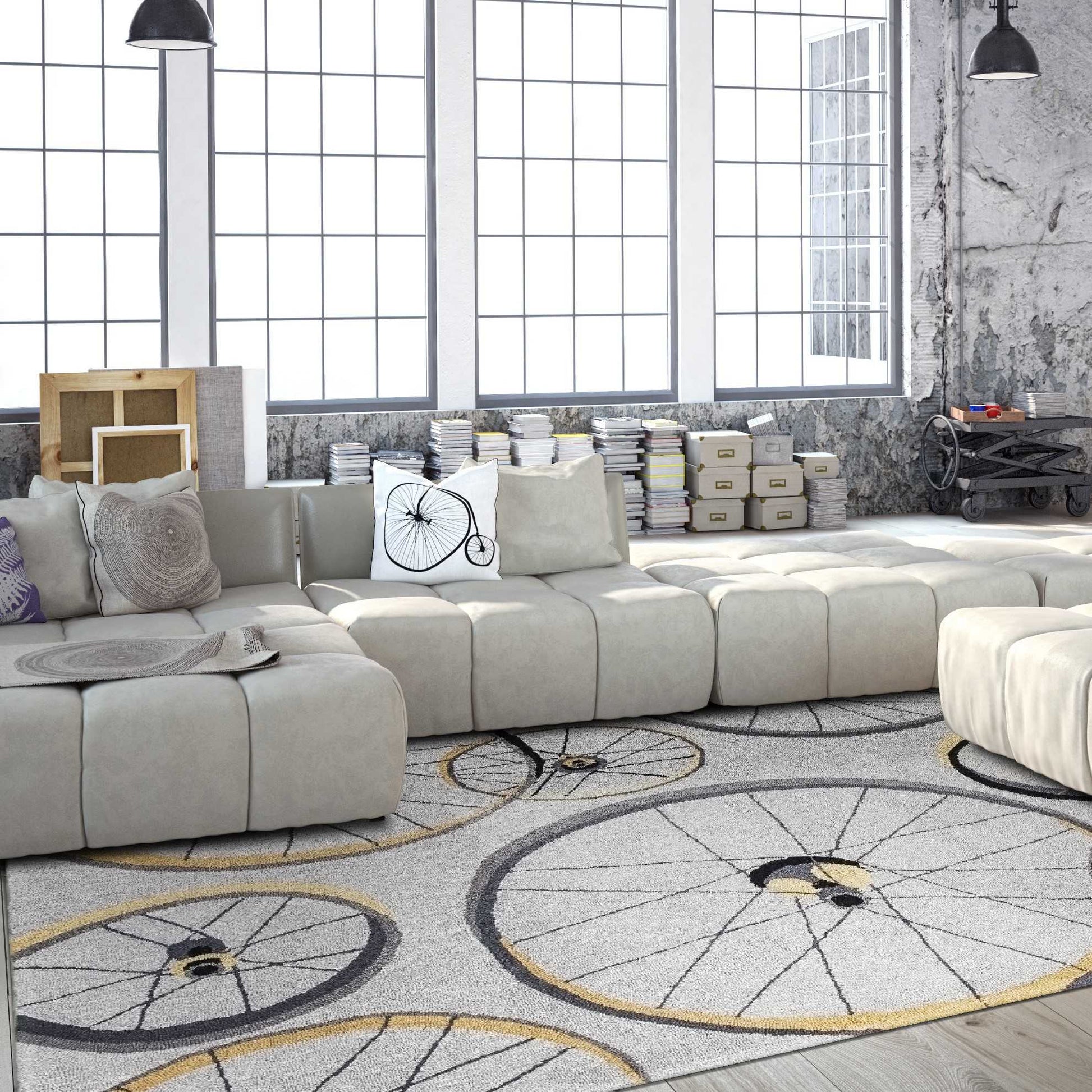 5' X 8' Gray Black And Yellow Abstract Geometric Hand Hooked Area Rug-Area Rugs-DECOROLALA