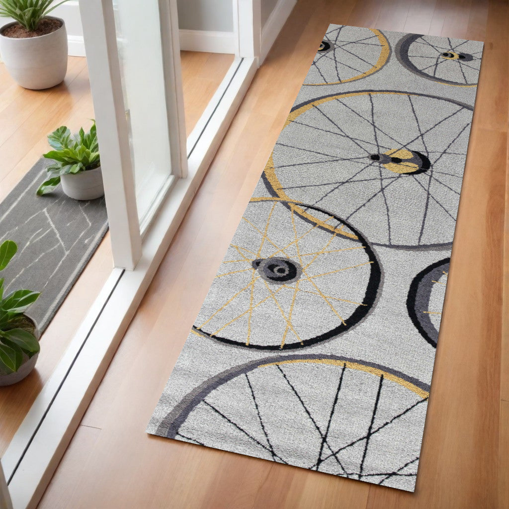 5' X 8' Gray Black And Yellow Abstract Geometric Hand Hooked Area Rug-Area Rugs-DECOROLALA