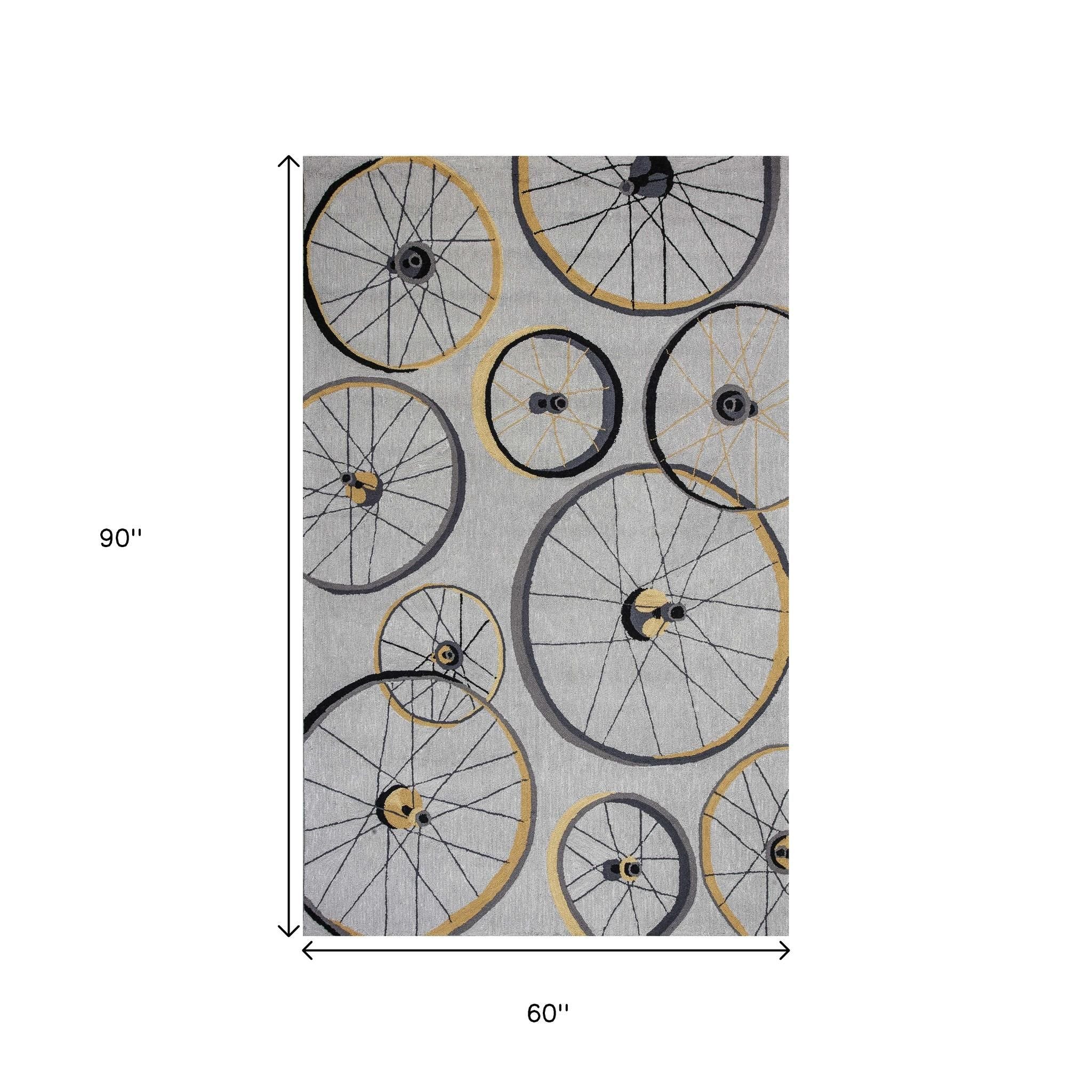 5' X 8' Gray Black And Yellow Abstract Geometric Hand Hooked Area Rug-Area Rugs-DECOROLALA