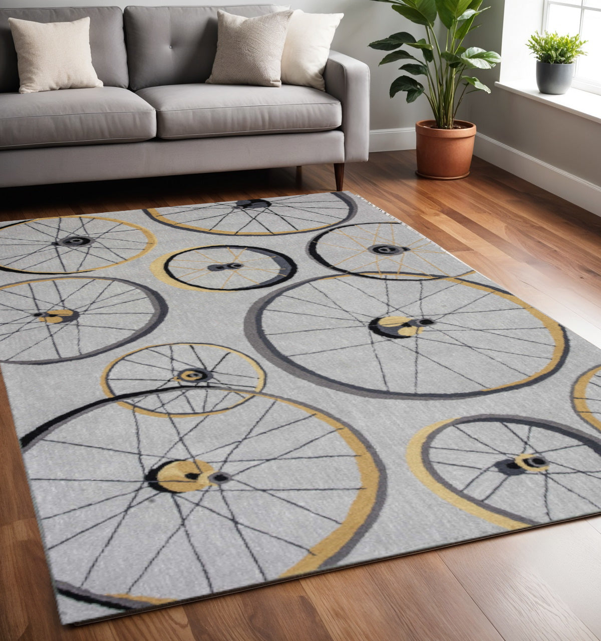 5' X 8' Gray Black And Yellow Abstract Geometric Hand Hooked Area Rug-Area Rugs-DECOROLALA
