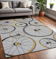 5' X 8' Gray Black And Yellow Abstract Geometric Hand Hooked Area Rug-Area Rugs-DECOROLALA