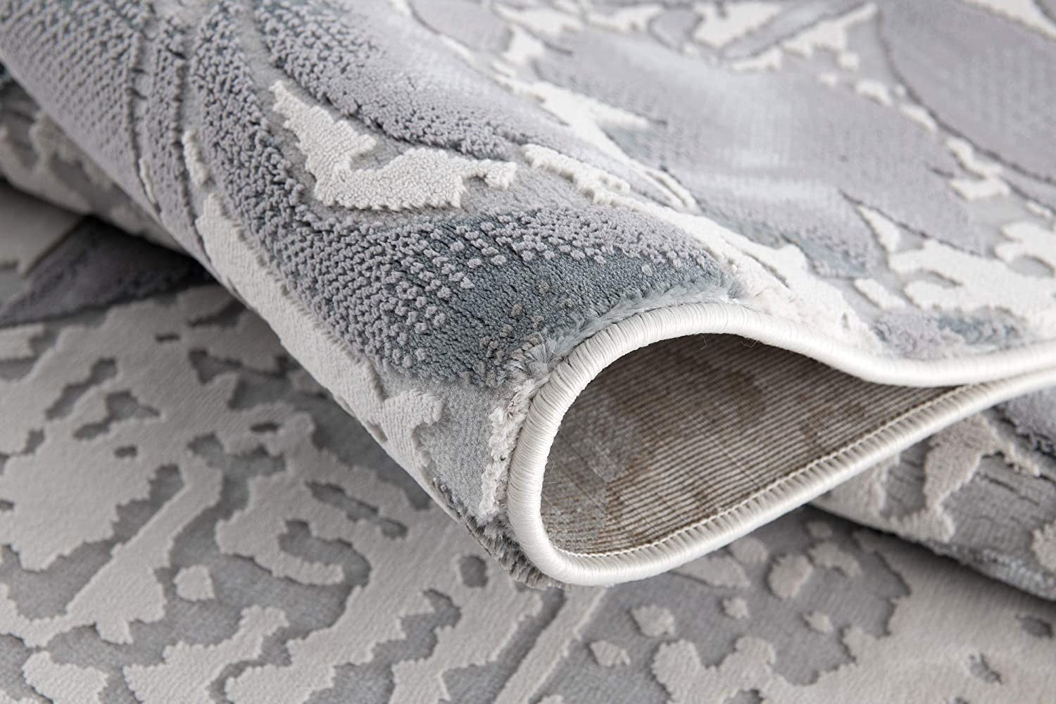 5' X 8' Gray and Ivory Damask Power Loom Area Rug-Area Rugs-DECOROLALA