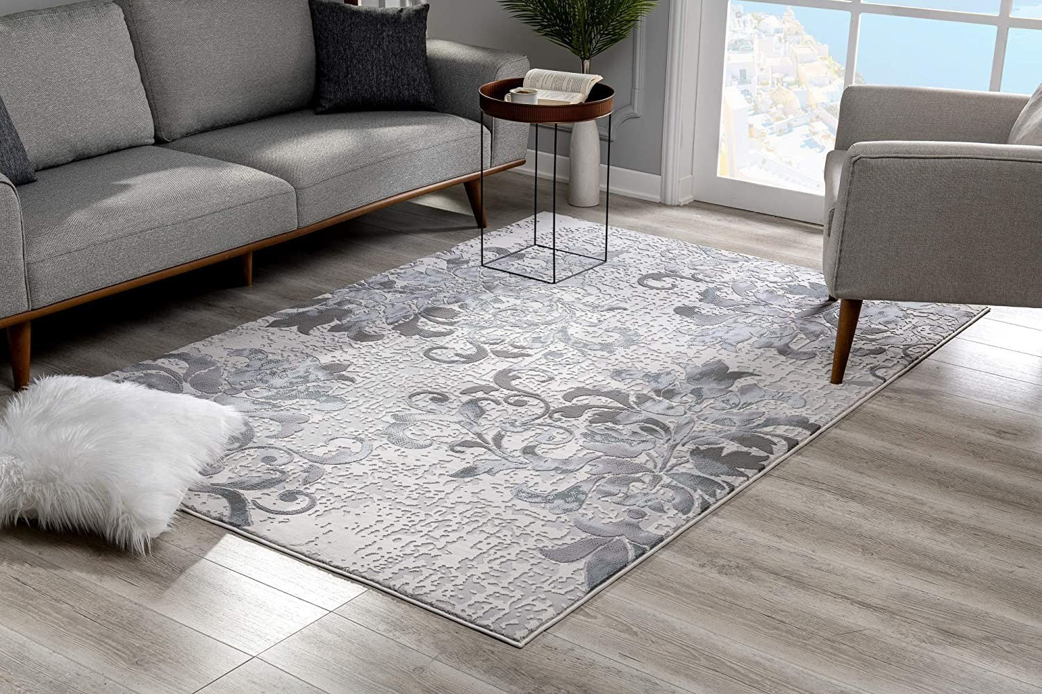 5' X 8' Gray and Ivory Damask Power Loom Area Rug-Area Rugs-DECOROLALA