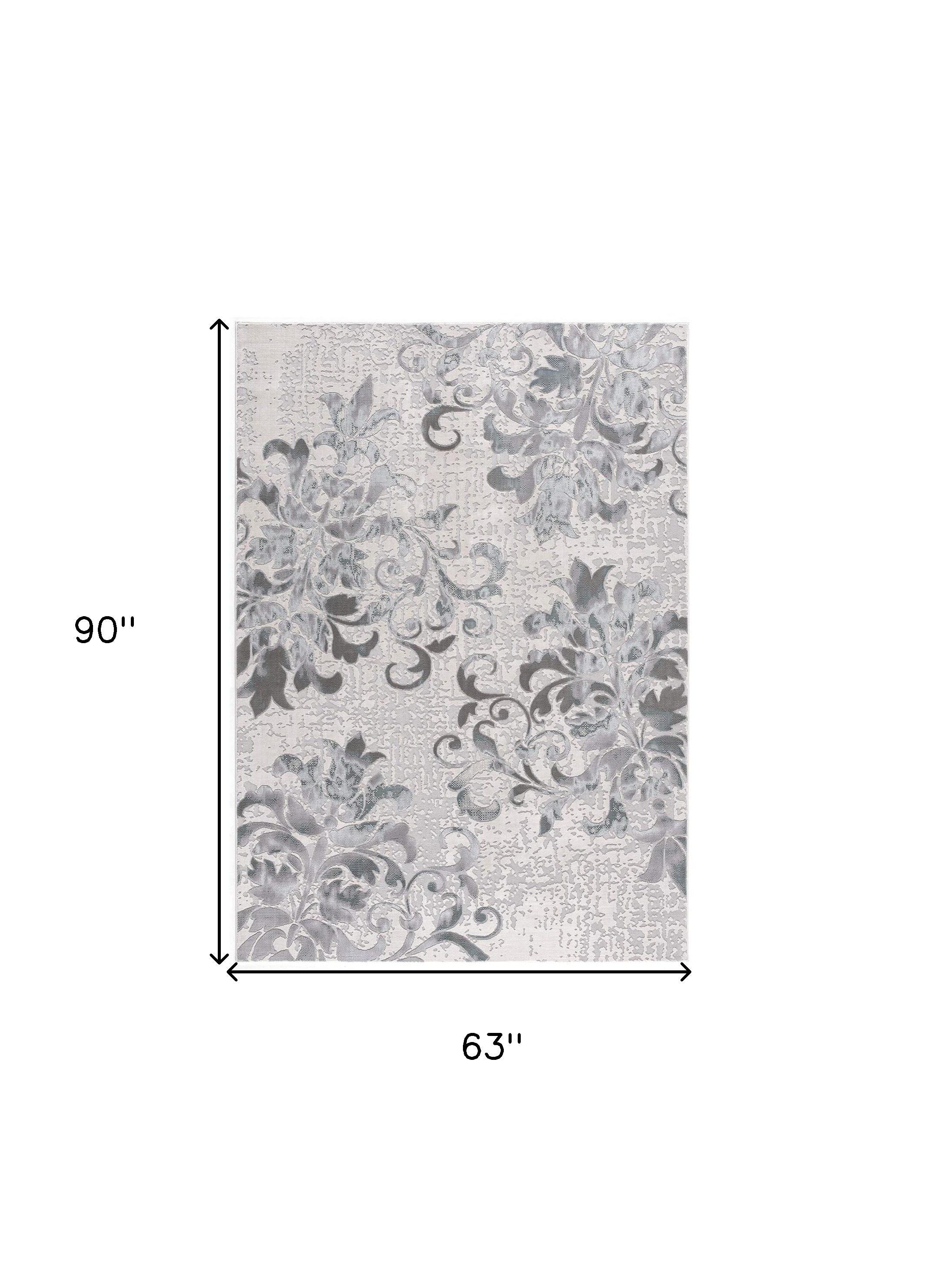 5' X 8' Gray and Ivory Damask Power Loom Area Rug-Area Rugs-DECOROLALA