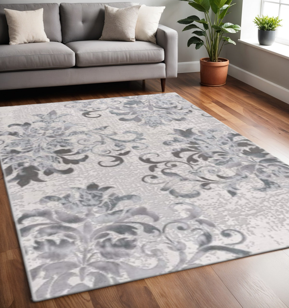 5' X 8' Gray and Ivory Damask Power Loom Area Rug-Area Rugs-DECOROLALA