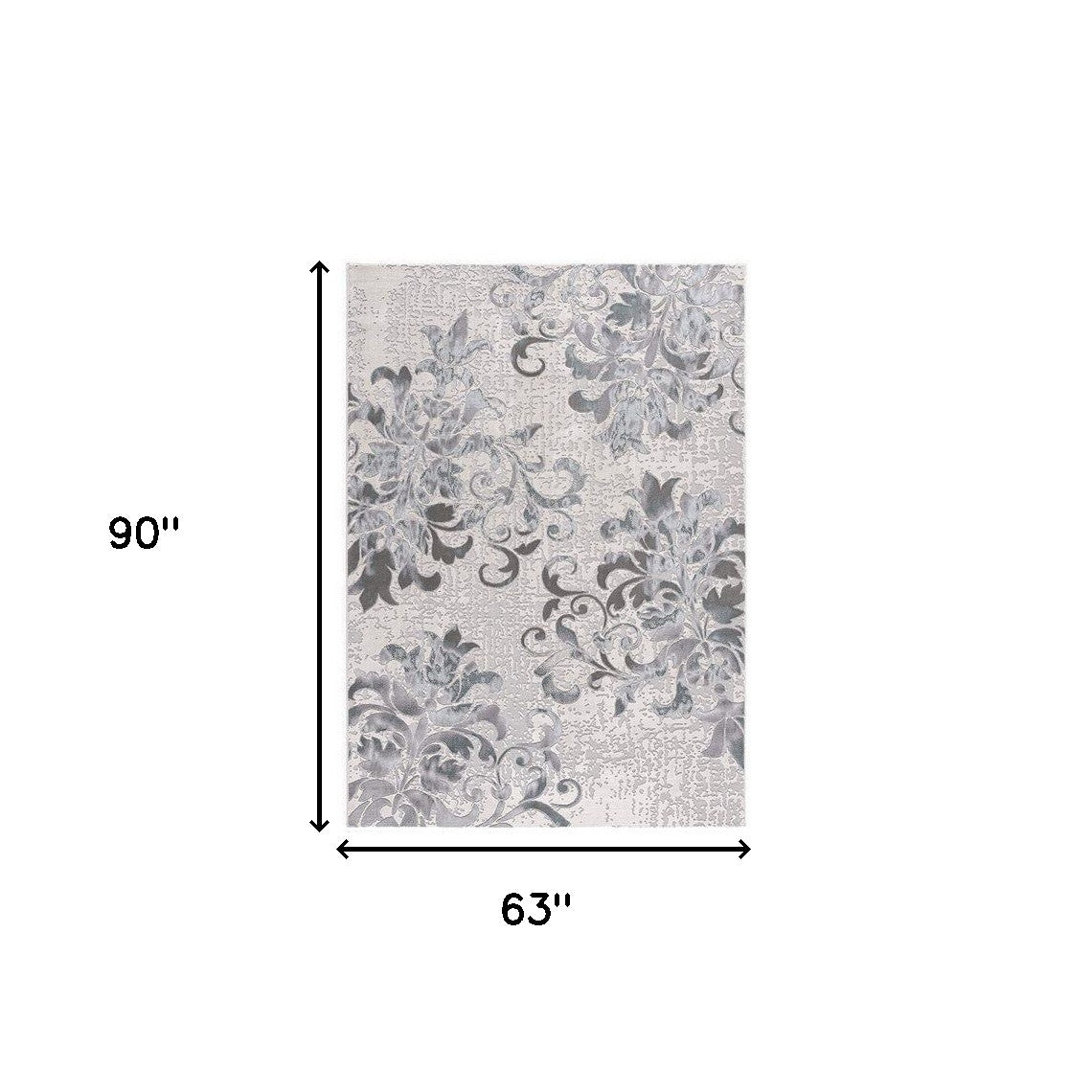 5' X 8' Gray and Ivory Damask Power Loom Area Rug-Area Rugs-DECOROLALA