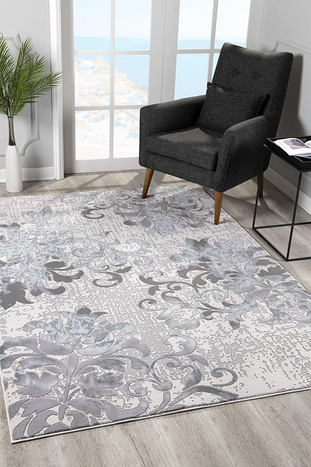 5' X 8' Gray and Ivory Damask Power Loom Area Rug-Area Rugs-DECOROLALA