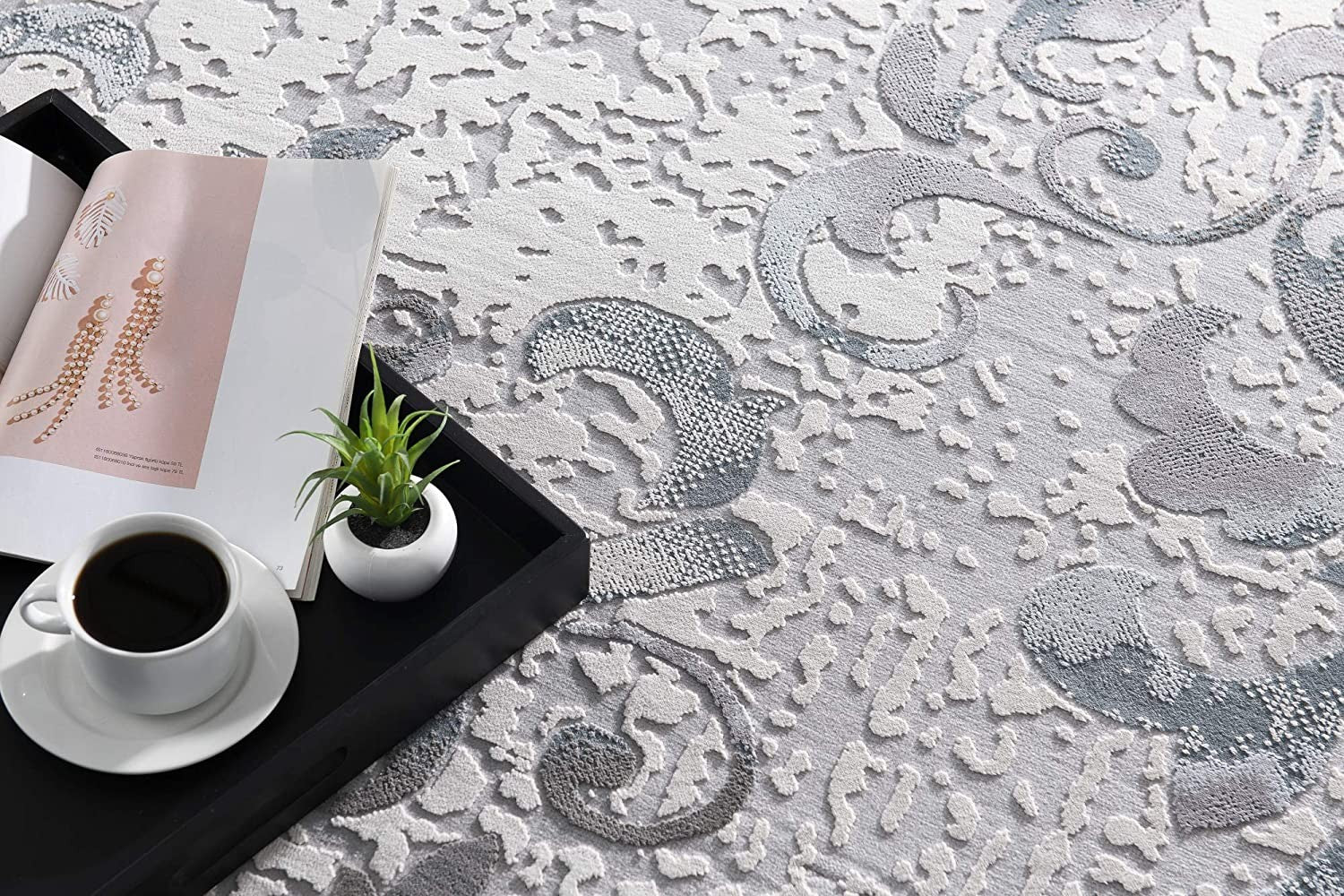 5' X 8' Gray and Ivory Damask Power Loom Area Rug-Area Rugs-DECOROLALA