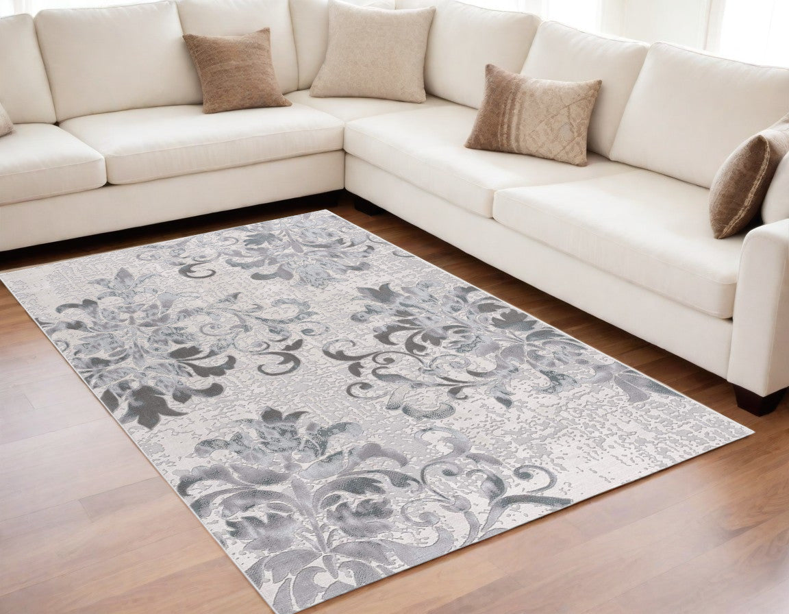 5' X 8' Gray and Ivory Damask Power Loom Area Rug-Area Rugs-DECOROLALA