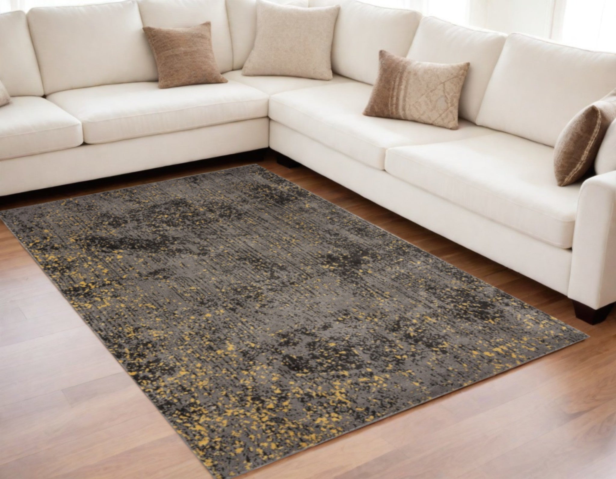 5' X 8' Gray and Yellow Abstract Sprinkle Area Rug-Area Rugs-DECOROLALA