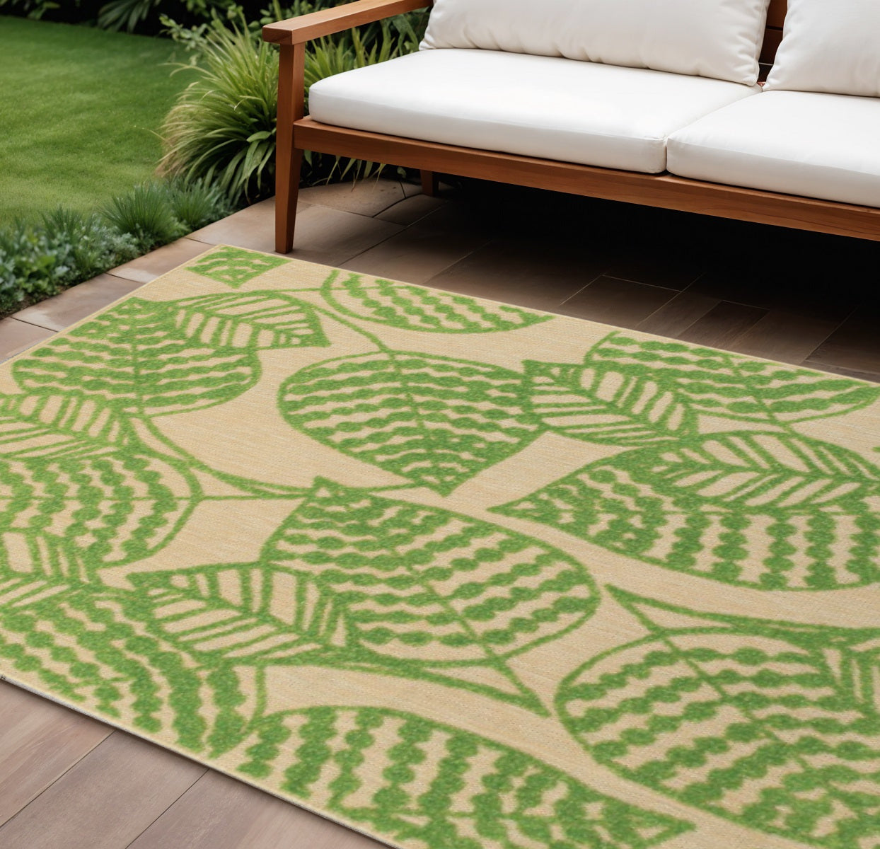 5' X 8' Green Floral Indoor Outdoor Area Rug-Outdoor Rugs-DECOROLALA