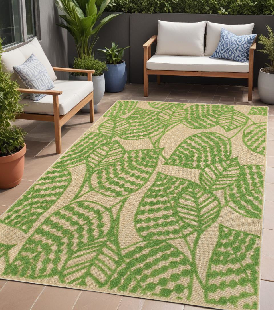 5' X 8' Green Floral Indoor Outdoor Area Rug-Outdoor Rugs-DECOROLALA