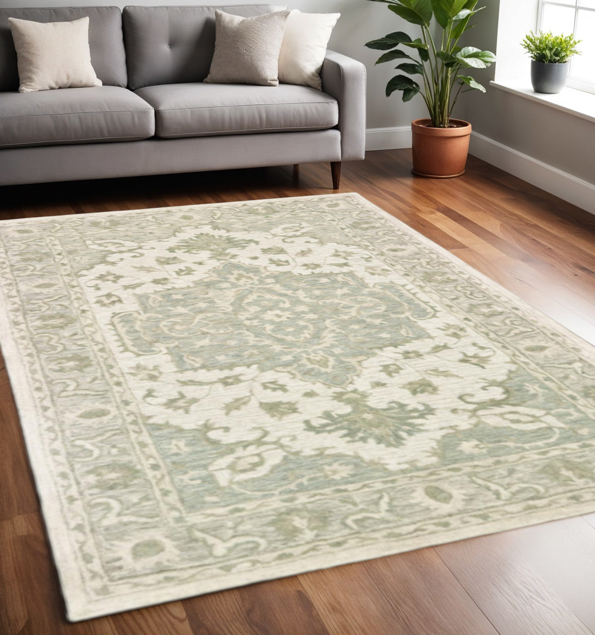 5' X 8' Green and Cream Medallion Area Rug-Area Rugs-DECOROLALA