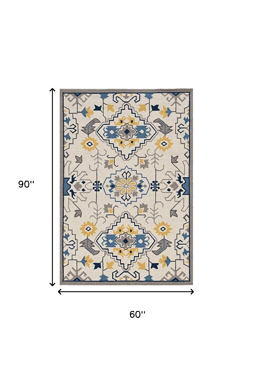 5' X 8' Ivory Abstract Indoor Outdoor Area Rug-Outdoor Rugs-DECOROLALA