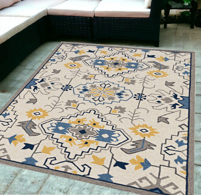 5' X 8' Ivory Abstract Indoor Outdoor Area Rug-Outdoor Rugs-DECOROLALA