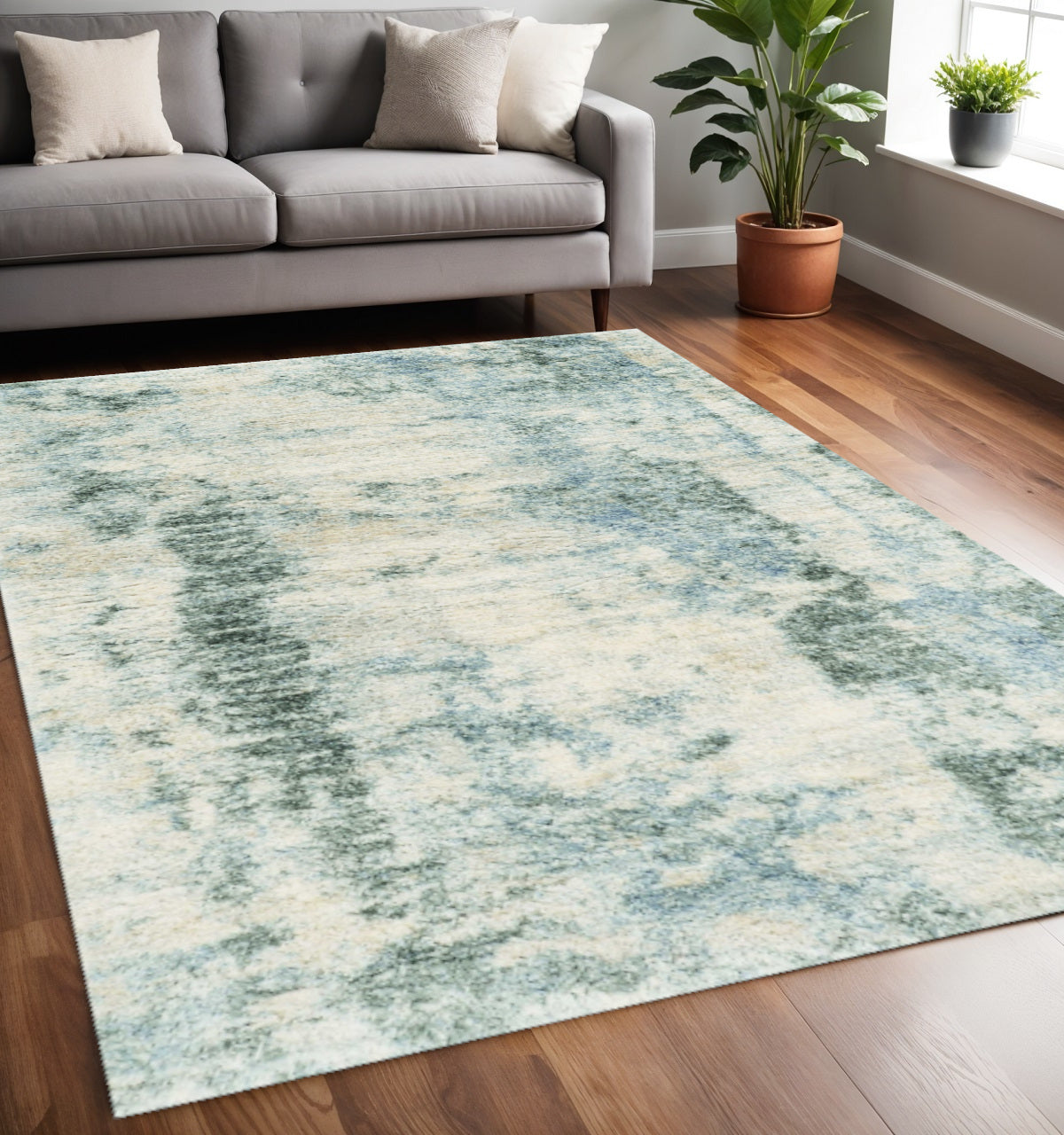 5' X 8' Ivory And Blue Abstract Area Rug-Area Rugs-DECOROLALA