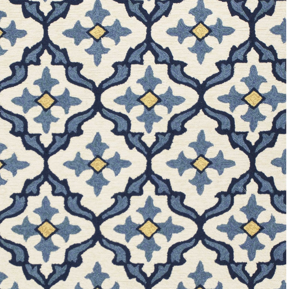 5' X 8' Ivory And Blue Moroccan Indoor Outdoor Area Rug-Outdoor Rugs-DECOROLALA