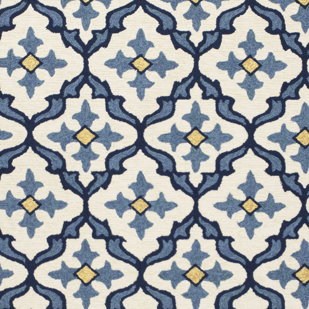 5' X 8' Ivory And Blue Moroccan Indoor Outdoor Area Rug-Outdoor Rugs-DECOROLALA