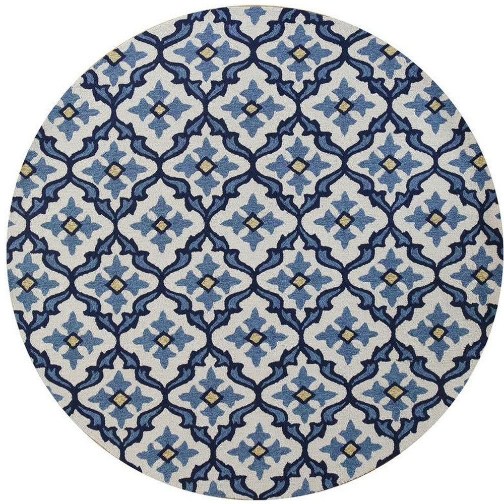 5' X 8' Ivory And Blue Moroccan Indoor Outdoor Area Rug-Outdoor Rugs-DECOROLALA