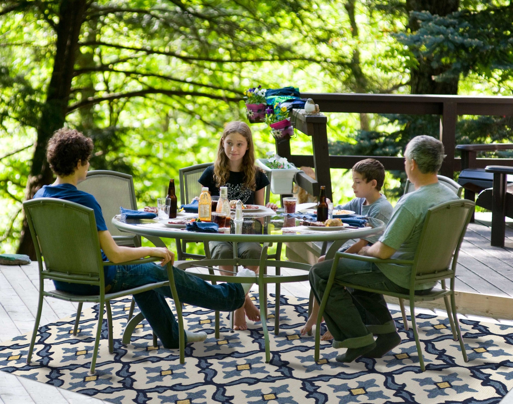 5' X 8' Ivory And Blue Moroccan Indoor Outdoor Area Rug-Outdoor Rugs-DECOROLALA