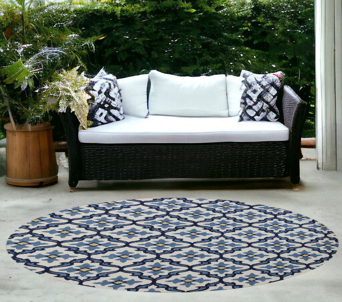 5' X 8' Ivory And Blue Moroccan Indoor Outdoor Area Rug-Outdoor Rugs-DECOROLALA