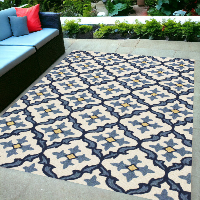5' X 8' Ivory And Blue Moroccan Indoor Outdoor Area Rug-Outdoor Rugs-DECOROLALA