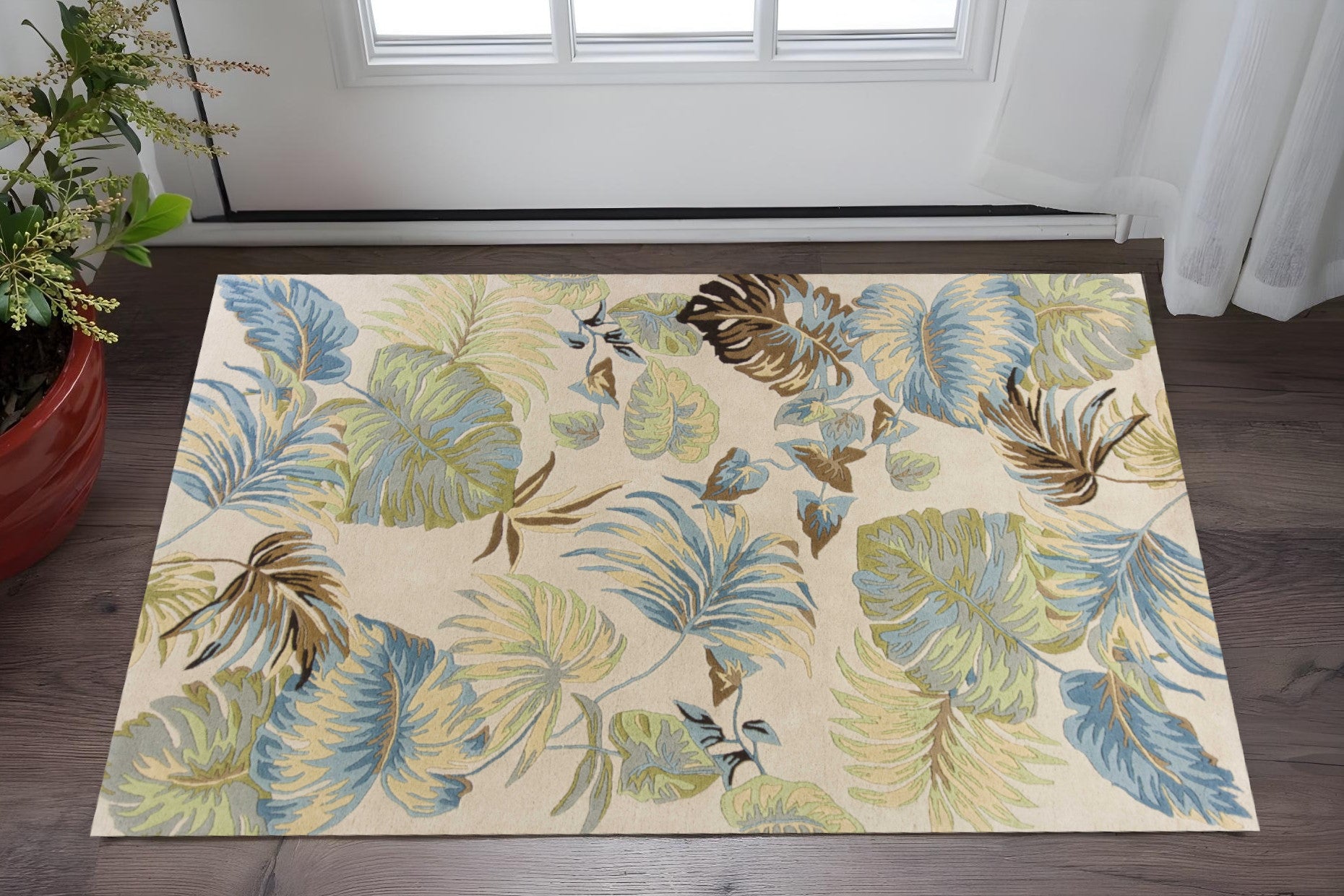 5' X 8' Ivory And Blue Wool Botanical Leaves Hand Tufted Area Rug-Area Rugs-DECOROLALA