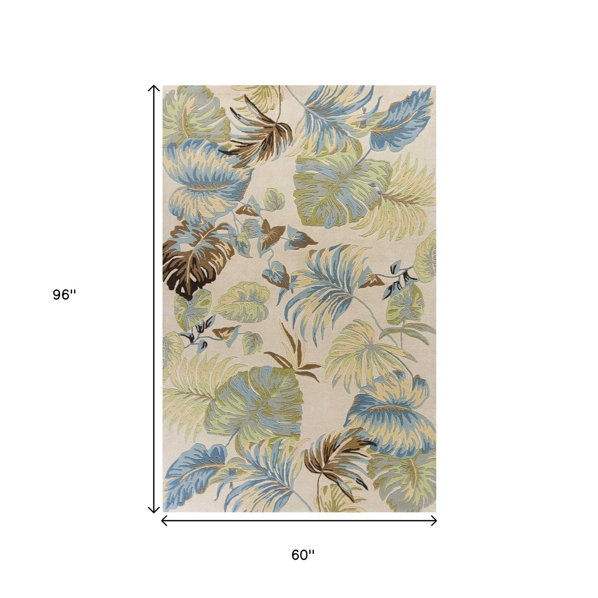 5' X 8' Ivory And Blue Wool Botanical Leaves Hand Tufted Area Rug-Area Rugs-DECOROLALA