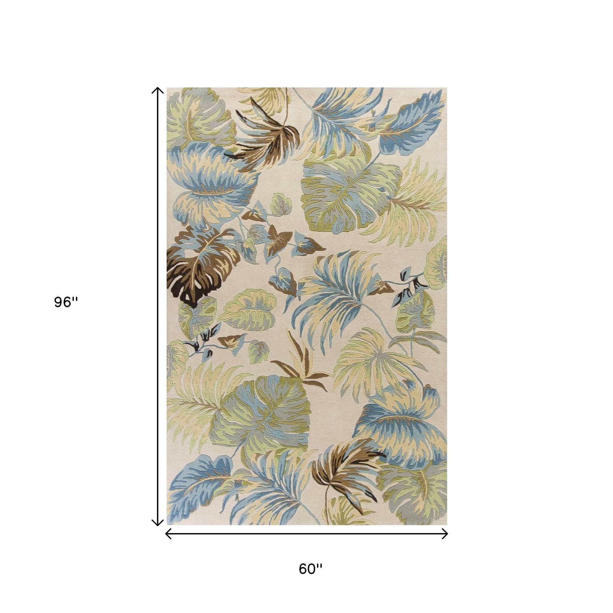 5' X 8' Ivory And Blue Wool Botanical Leaves Hand Tufted Area Rug-Area Rugs-DECOROLALA