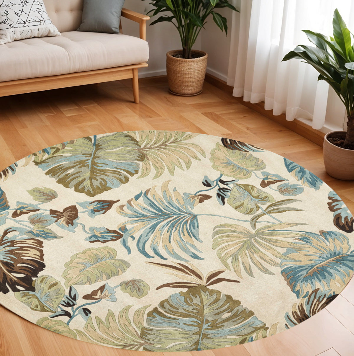 5' X 8' Ivory And Blue Wool Botanical Leaves Hand Tufted Area Rug-Area Rugs-DECOROLALA