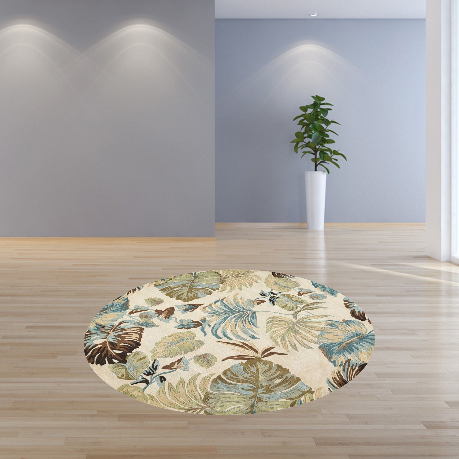 5' X 8' Ivory And Blue Wool Botanical Leaves Hand Tufted Area Rug-Area Rugs-DECOROLALA