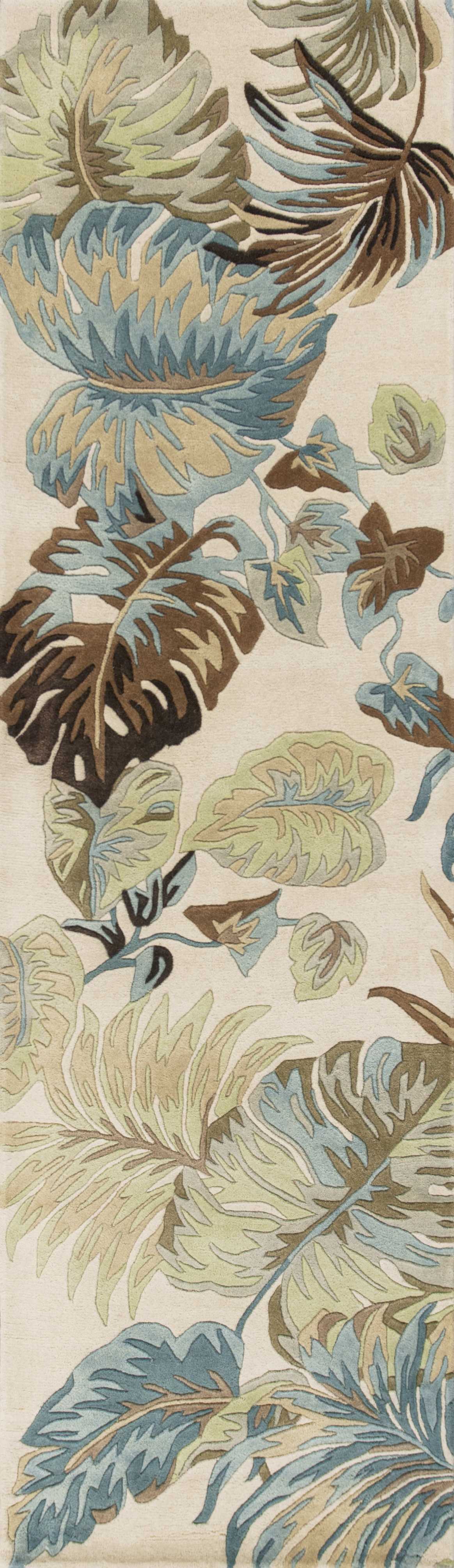 5' X 8' Ivory And Blue Wool Botanical Leaves Hand Tufted Area Rug-Area Rugs-DECOROLALA